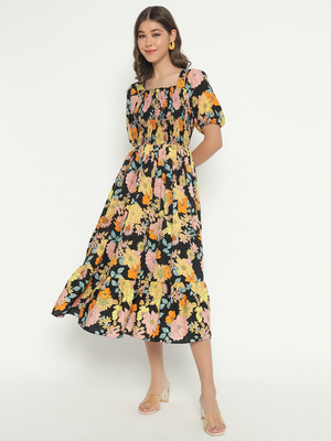 Jash Creation Women Fit and Flare Multicolor Midi/Calf Length Dress