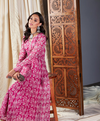 Shae by SASSAFRAS Women Maxi Pink, White Full Length Dress