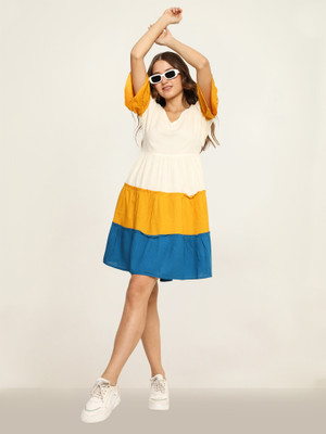 NG CREATION Women Fit and Flare Yellow, Blue Above Knee/Mid Thigh Length Dress