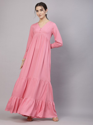 AAYU Women Layered Pink Maxi/Full Length Dress