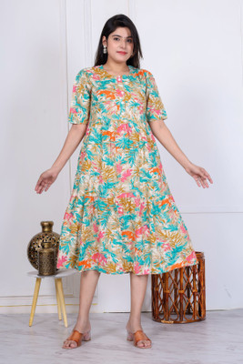 phoolkesa Women A-line Multicolor Midi/Calf Length Dress