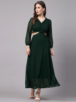 AAYU Women Fit and Flare Dark Green Dress