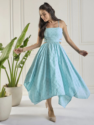 WineRed Women Fit and Flare Blue Maxi/Full Length Dress