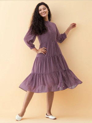 AASK Women Fit and Flare Purple Knee Length Dress