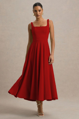 METRONAUT Women A-line Red Midi/Calf Length Dress