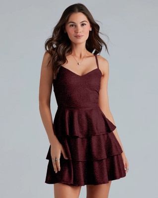 ADDYVERO Women Fit and Flare Maroon Above Knee/Mid Thigh Length Dress