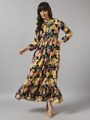 Jash Creation Women Fit and Flare Yellow Midi/Calf Length Dress