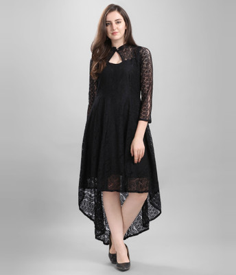 ZELZIS Women High Low Black Midi/Calf Length Dress