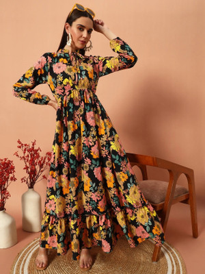 Krunal Raiyani Women Fit and Flare Yellow Maxi/Full Length Dress