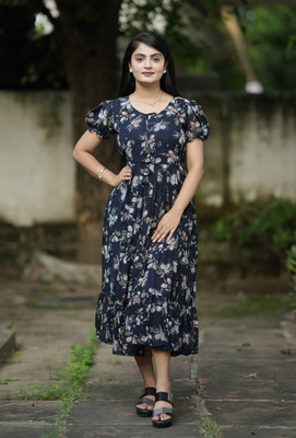 Eightone Women Fit and Flare Blue Below Knee Dress