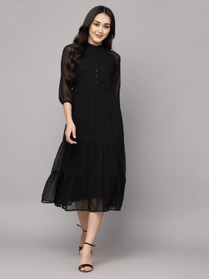 AAYU Women Fit and Flare Black Midi/Calf Length Dress