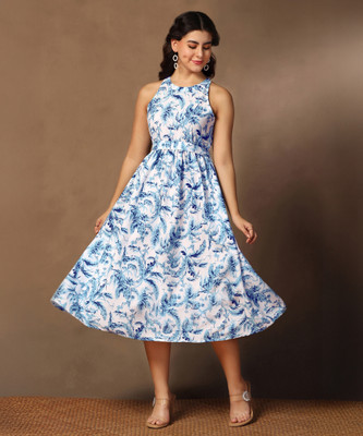 Ompax Women A-line Blue Midi/Calf Length Dress