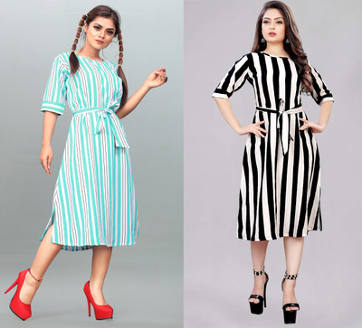 Hiral Creation Women A-line Multicolor Midi/Calf Length Dress