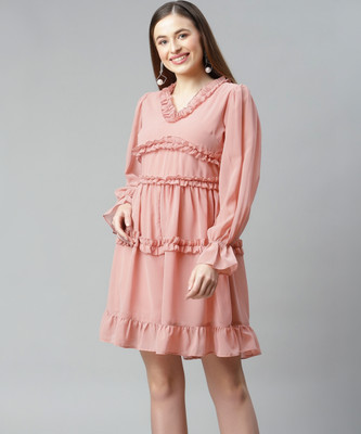 PLUSS Women A-line Pink Above Knee/Mid Thigh Length Dress