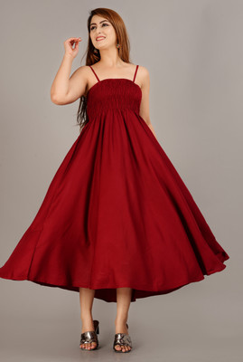MEWEAR Women Fit and Flare Maroon Below Knee Dress