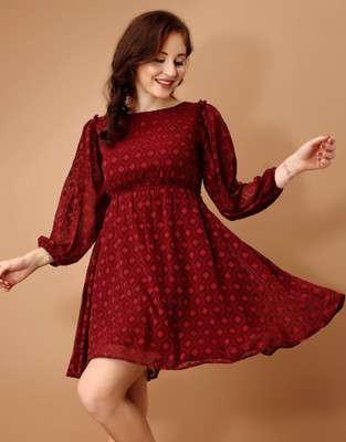 all about you Women Fit and Flare Maroon Above Knee/Mid Thigh Length Dress