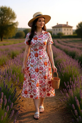 Hive91 Women Shirt Orange, White Below Knee Dress