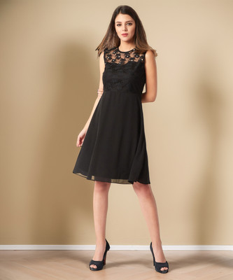 Miss Chase Women Skater Black Knee Length Dress