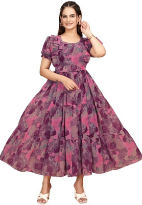 QUEUEE Women Fit and Flare Purple Maxi/Full Length Dress