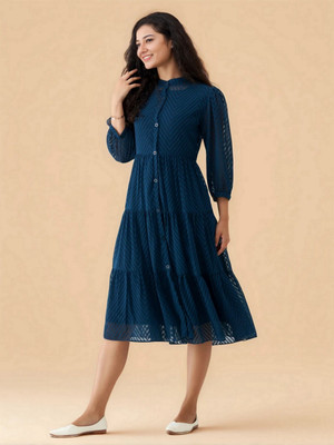 AASK Women Fit and Flare Blue Knee Length Dress