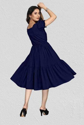 SHABRI FASHION Women Fit and Flare Dark Blue Below Knee Dress