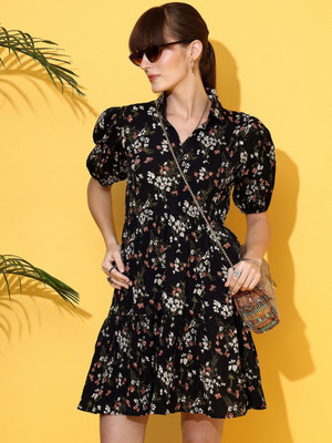 Sheetal Associates Women Gathered Black Above Knee/Mid Thigh Length Dress