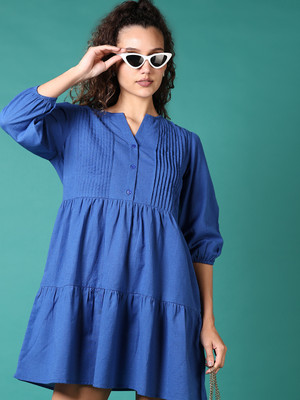 V-MART Women A-line Blue Above Knee/Mid Thigh Length Dress