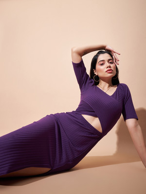 SASSAFRAS Women Bodycon Purple Maxi/Full Length Dress