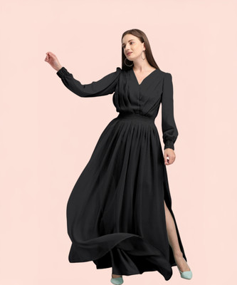 Jash Creation Women Fit and Flare Black Maxi/Full Length Dress