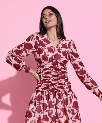 Tokyo Talkies Women Fit and Flare Pink Knee Length Dress