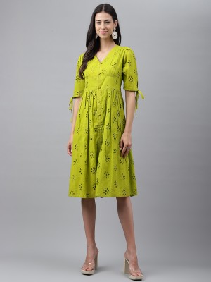 Janasya Women Fit and Flare Green Dress