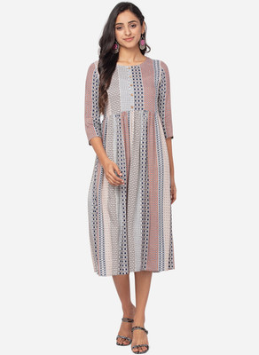 Anutarra Women Gathered Multicolor Midi/Calf Length Dress