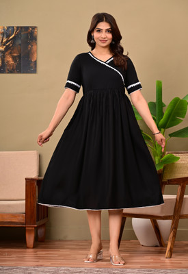 Khedapati Women Fit and Flare Black Midi/Calf Length Dress