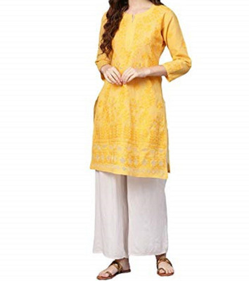 Quds Women A-line Yellow Knee Length Dress