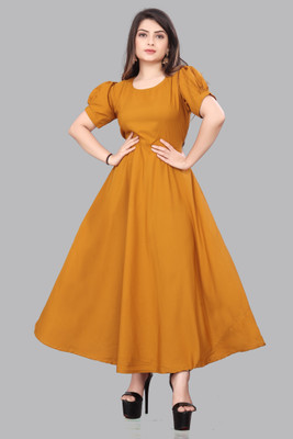 BENIXA TEXTILE Women Fit and Flare Yellow Maxi/Full Length Dress