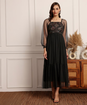 Miss Chase Women Tiered Black Midi/Calf Length Dress