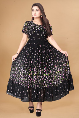 RIDDHI TEXTILES Women Fit and Flare Black Maxi/Full Length Dress