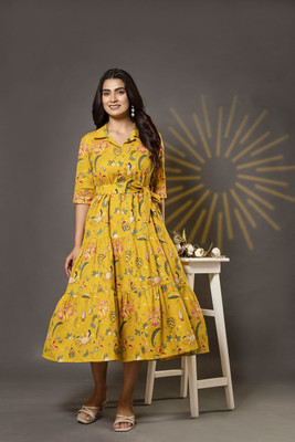 MANJALI DESIGN Women Fit and Flare Yellow Midi/Calf Length Dress