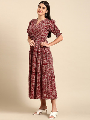 ZWERLON Women A-line Maroon Midi/Calf Length Dress