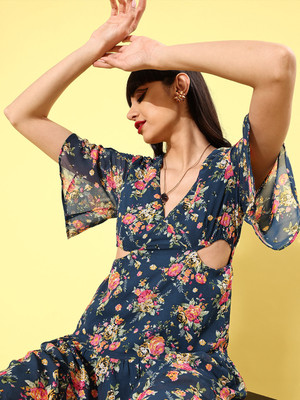 KASSUALLY Women A-line Blue Above Knee/Mid Thigh Length Dress