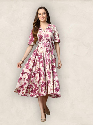 HouseOfCommon Women Fit and Flare White Below Knee Dress