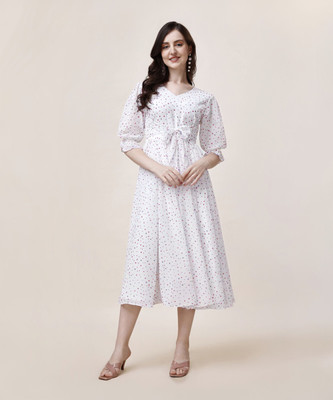Fashion2wear Women A-line Blue, Pink, White Midi/Calf Length Dress