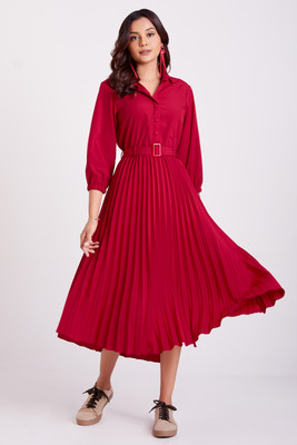 flowervelly Women Pleated Red Midi/Calf Length Dress