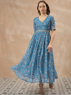 all about you Women Fit and Flare Blue Maxi/Full Length Dress