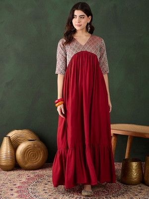 Sangria Women Fit and Flare Maroon Maxi/Full Length Dress