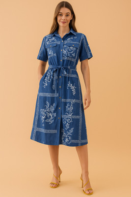 Sylora Women Fit and Flare Blue Knee Length Dress