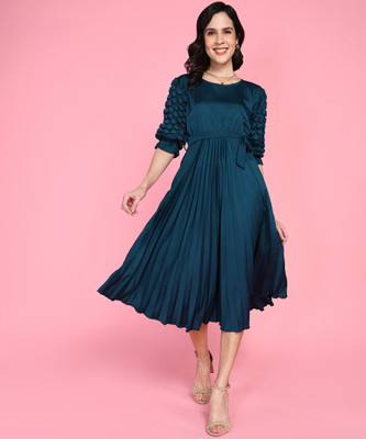 IQRA ENTERPRISE Women Pleated Dark Blue Midi/Calf Length Dress