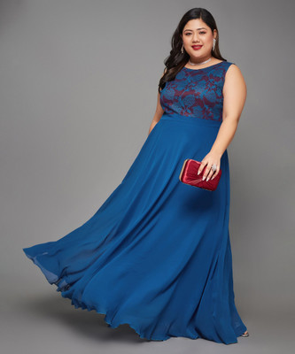 Miss Chase Women Fit and Flare Blue Maxi/Full Length Dress