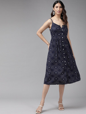 Yash Gallery Women A-line Blue Knee Length Dress