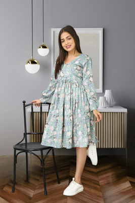 GIVAFASHION Women Fit and Flare Light Green Below Knee Dress